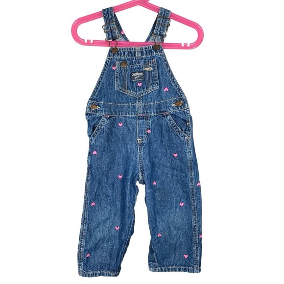 OshKosh Girls Denim Overalls Toddler 18 Months Embroidered Pink Hearts - Picture 1 of 8